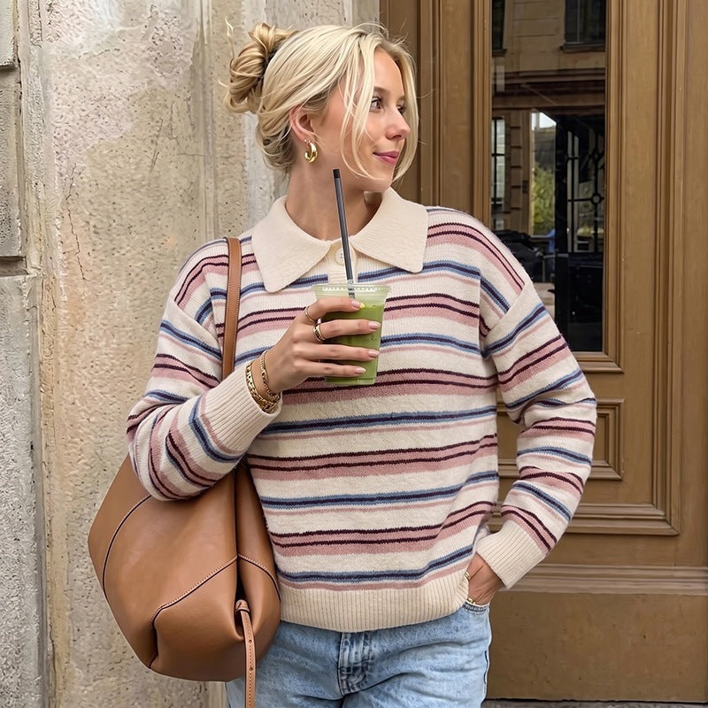 Damen Lässiger Strickpullover mit Polo-Kragen und Streifen Nord Taschen