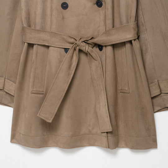 Damen Trenchcoat in Veloursleder-Optik doppeltreihig mit Taillengürtel Nord Taschen