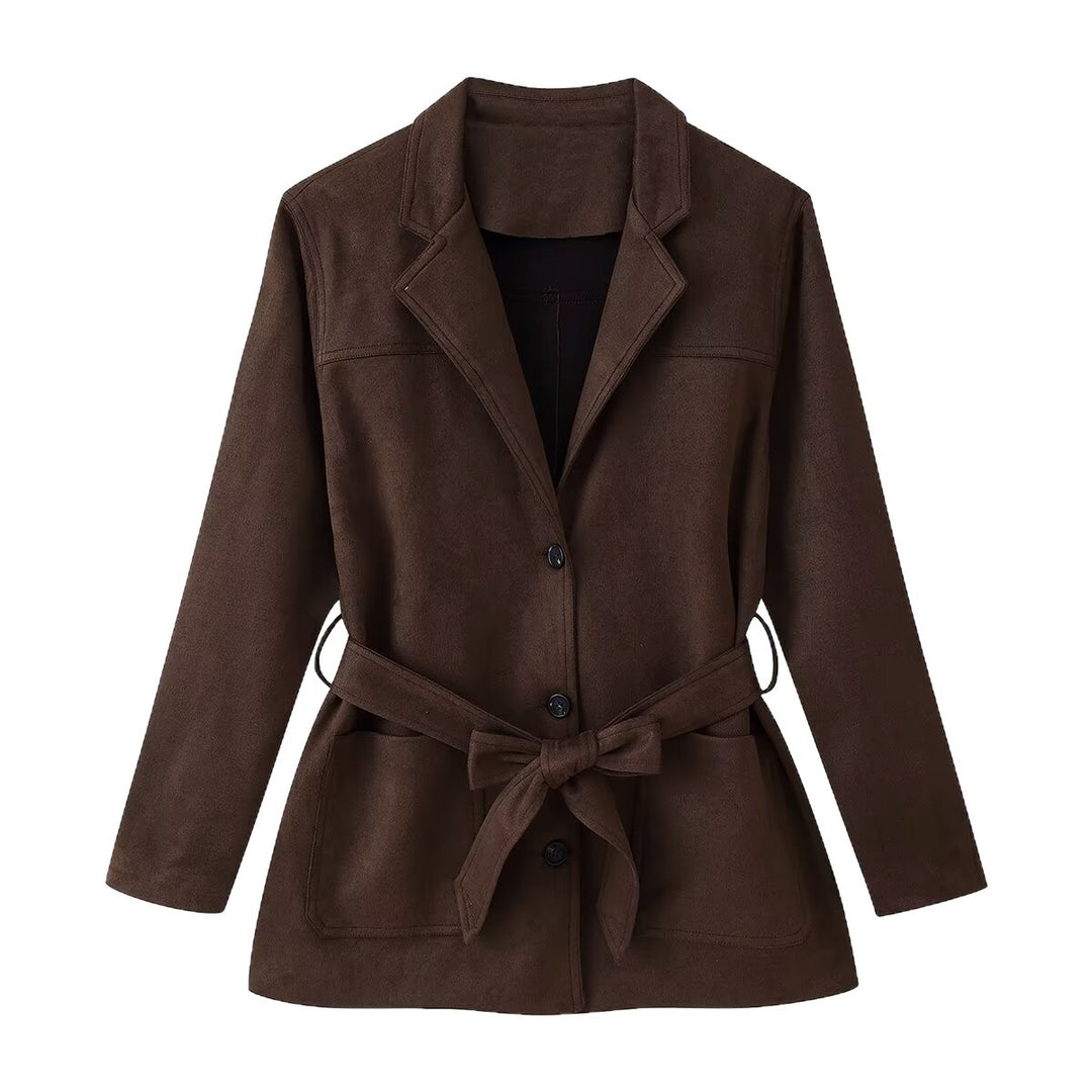 Damen Taillierter Wildlederoptik-Blazer mit Bindegürtel und aufgesetzten Taschen Nord Taschen