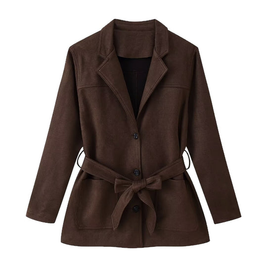 Damen Taillierter Wildlederoptik-Blazer mit Bindegürtel und aufgesetzten Taschen Nord Taschen