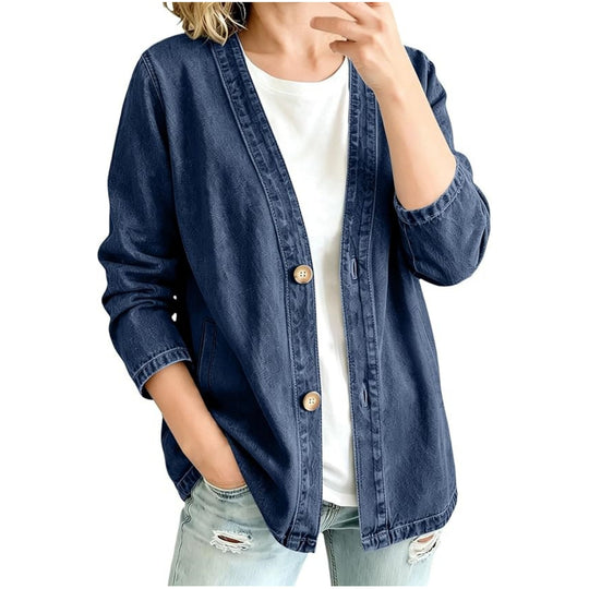 Damen Oversize Jeansjacke im Kimono-Stil mit Holzknöpfen Nord Taschen