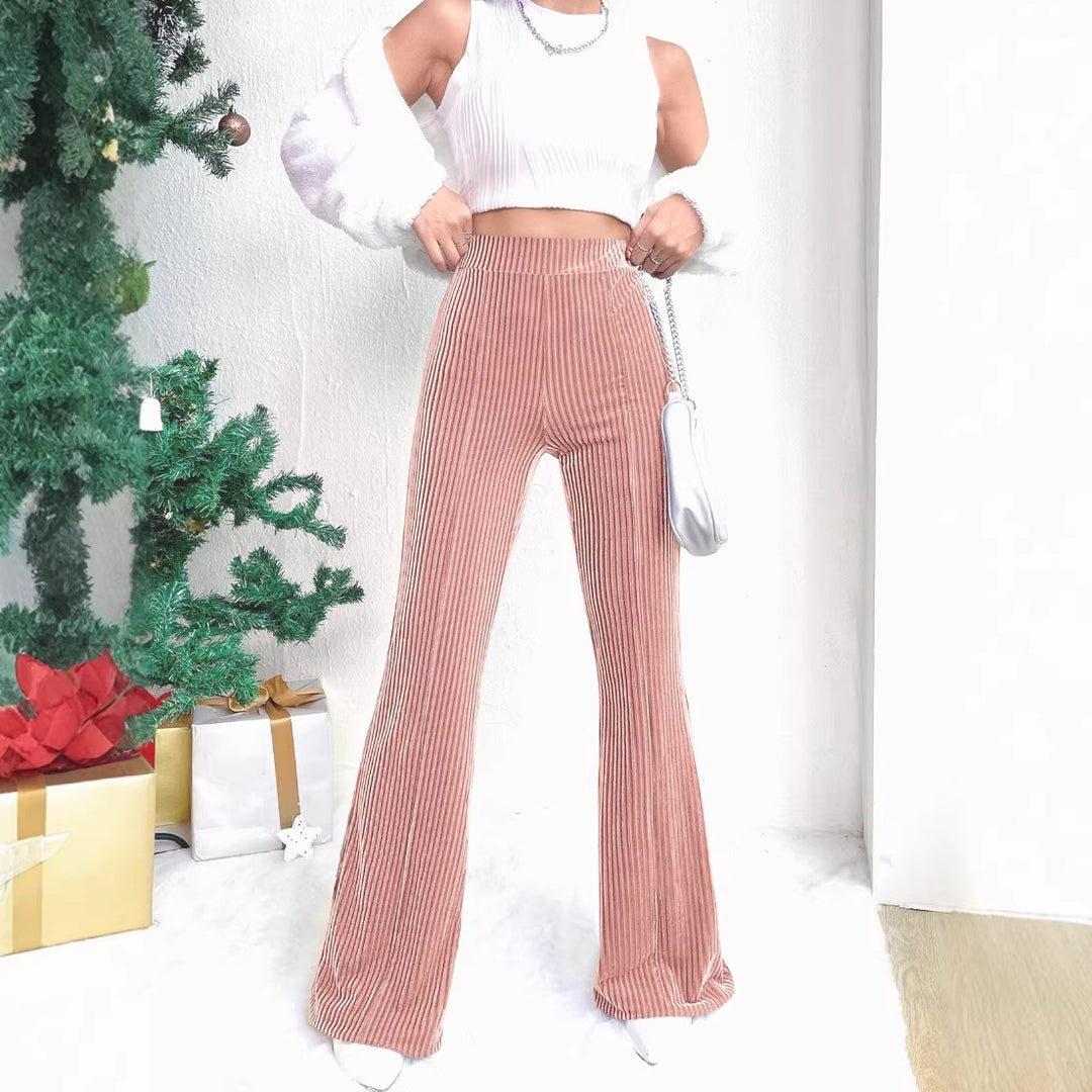 Damen Hochtaillierte Samt‑Cordhose mit Plissee‑Optik und weitem Bein Nord Taschen