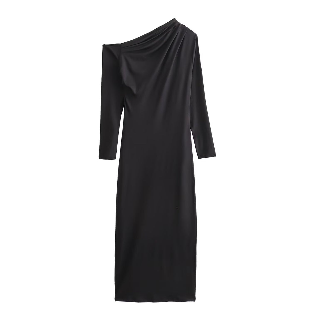 Damen Asymmetrisches One-Shoulder Maxikleid mit langem Ärmel Nord Taschen