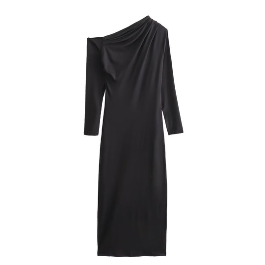 Damen Asymmetrisches One-Shoulder Maxikleid mit langem Ärmel Nord Taschen