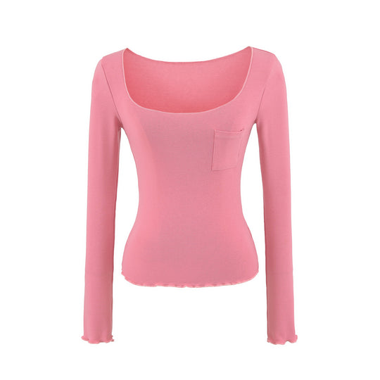 Damen Figurbetontes geripptes Langarmshirt mit weitem Quadrat-Ausschnitt und Brusttasche Nord Taschen