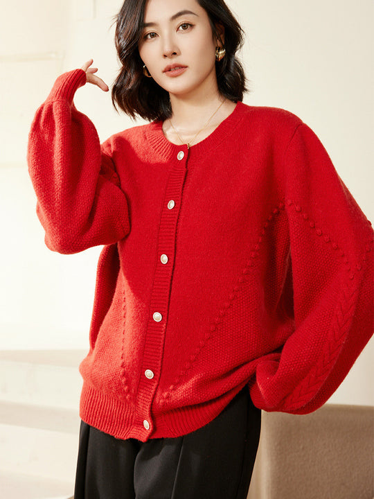Damen Strickcardigan mit Strukturmuster, Ballonärmeln und Perlmuttknopfleiste Nord Taschen