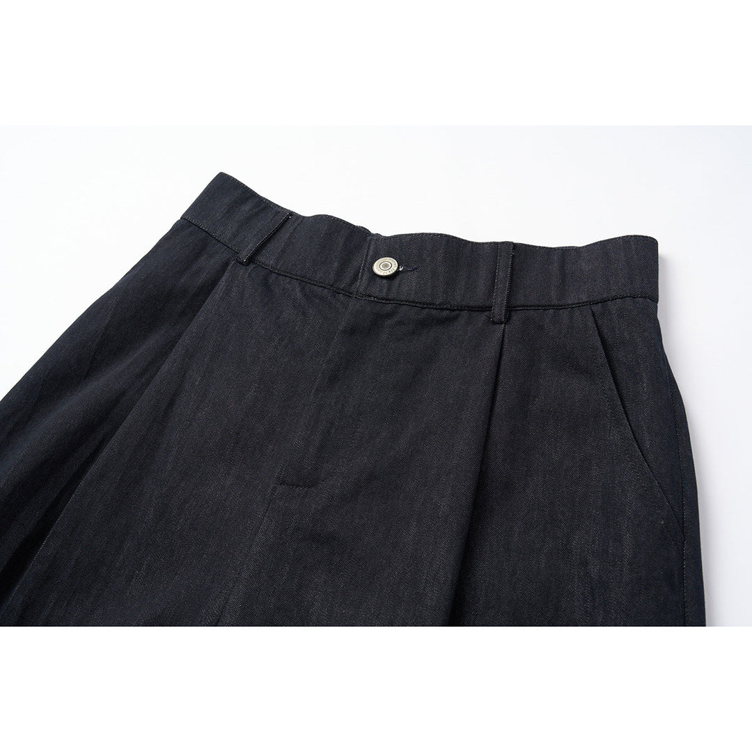Damen Hochtaillierte weite Culotte-Hose aus Denim‑Mix mit Bundfalten und Knopfverschluss Nord Taschen