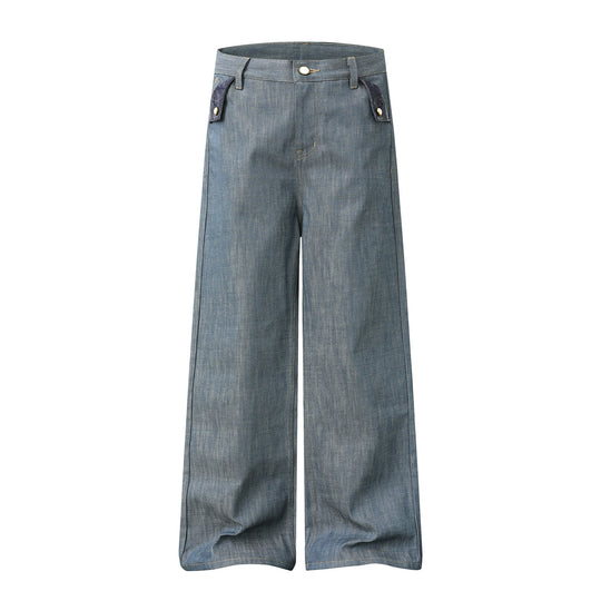 Damen Hochtaillierte weite Jeanshose mit dekorativen Pattentaschen und geradem Bein Nord Taschen