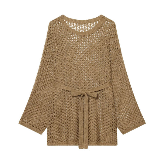 Damen Lockerer Häkelcardigan mit Taillengürtel und 3/4-Ärmeln Nord Taschen