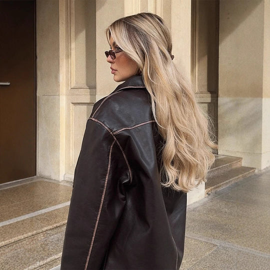 Damen Kurze Lederimitatjacke im Aviator-Look mit kontrastierenden Ziernähten Nord Taschen