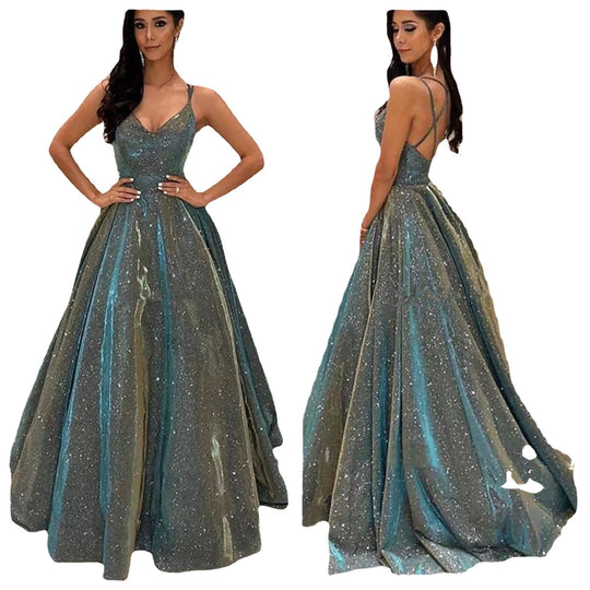 Damen Spaghettiträger V-Ausschnitt A-Linie Glitzer Maxikleid - Arvani