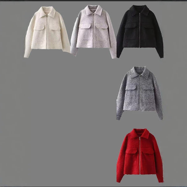 Damen Kurz geschnittene Bouclé‑Jacke mit durchgehendem Reißverschluss und Pattentaschen Nord Taschen
