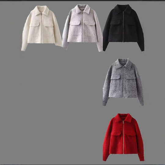 Damen Kurz geschnittene Bouclé‑Jacke mit durchgehendem Reißverschluss und Pattentaschen Nord Taschen