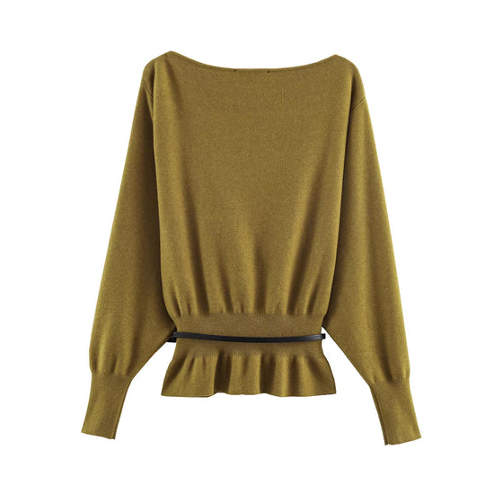 Damen Oversize-Strickpullover mit U-Boot-Ausschnitt, Fledermausärmeln, gerafftem Rippbund und Taillengürtel Nord Taschen