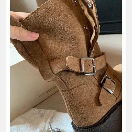Damen Veloursleder-Bikerstiefel mit Schnallen und mittlerem Blockabsatz Nord Taschen