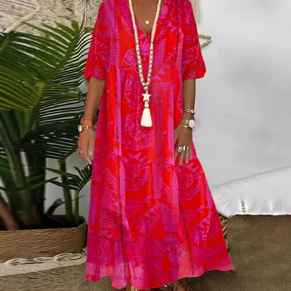 Damen nan Boho-Langkleid mit tiefem V-Ausschnitt, Stufenschnitt und legerer Oversize-Passform