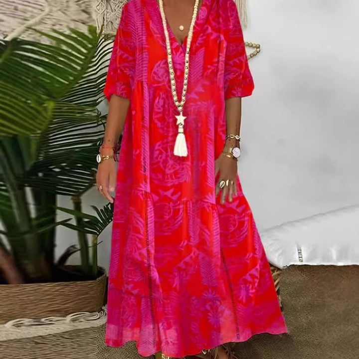Damen nan Boho-Langkleid mit tiefem V-Ausschnitt, Stufenschnitt und legerer Oversize-Passform