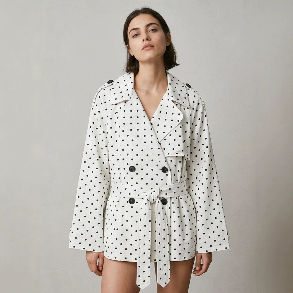 Damen Kurztrench mit Doppelreiher, Taillengürtel und Punkteprint Nord Taschen