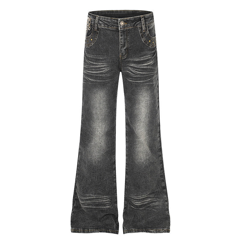 Damen Weite High‑Waist Flared-Jeans mit Vintage‑Used-Effekt und Zierdetails Nord Taschen