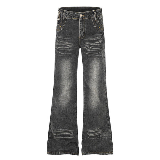 Damen Weite High‑Waist Flared-Jeans mit Vintage‑Used-Effekt und Zierdetails Nord Taschen