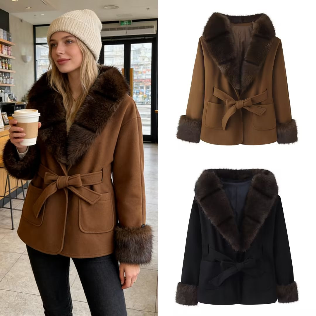 Damen Kurzer Wollmix-Mantel mit Kunstfellkragen, Taillengürtel und aufgesetzten Taschen Nord Taschen
