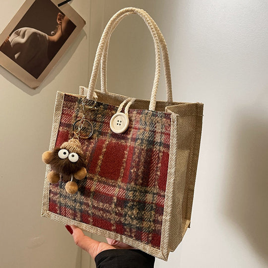 Damen Jute-Shoppingtasche mit modernem Hahnentritt-Muster Nord Taschen