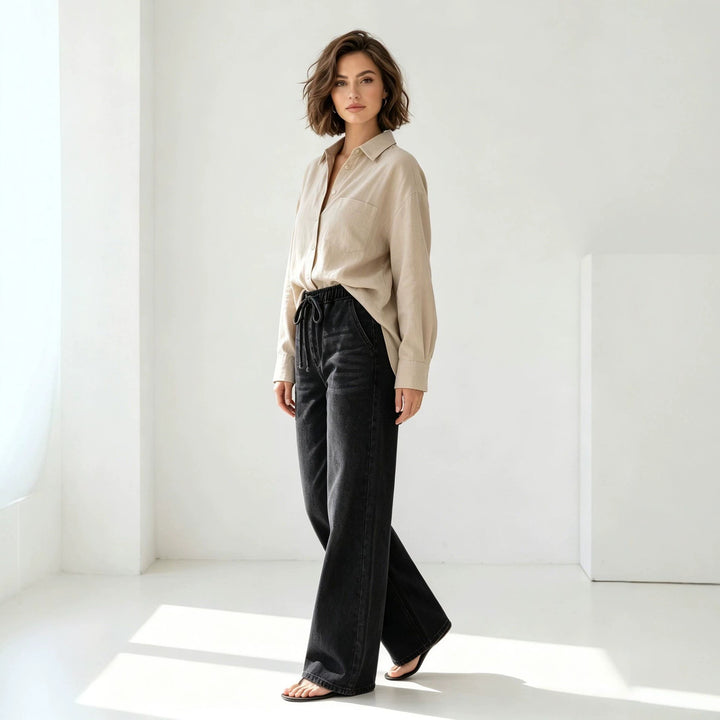 Damen Relaxed-Fit Denim-Hose mit elastischem Tunnelzugbund, dezentem Used-Effekt und weitem Bein Nord Taschen