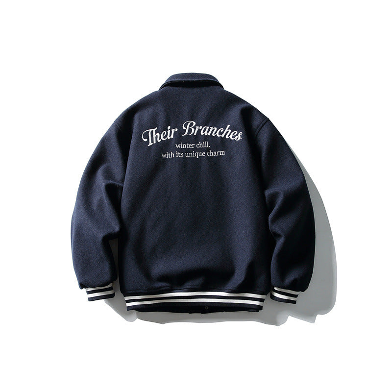 Herren Boxy College‑Blousonjacke aus Wollmix mit Druckknopfverschluss und gestreiften Rippbündchen Nord Taschen