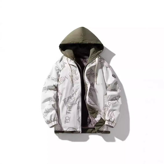 Herren Gefütterte Kapuzenjacke mit grafischem Print, Teddy-Innenfutter und winddichter Außenhülle Nord Taschen