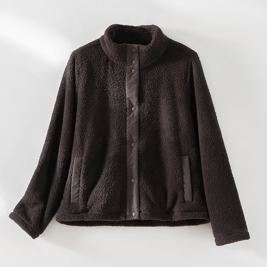 Damen kuschelige Teddy-Fleecejacke mit Stehkragen, Druckknopf-Leiste und kontrastierten Tascheneinfassungen Nord Taschen