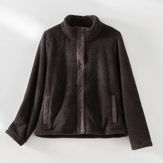 Damen kuschelige Teddy-Fleecejacke mit Stehkragen, Druckknopf-Leiste und kontrastierten Tascheneinfassungen Nord Taschen