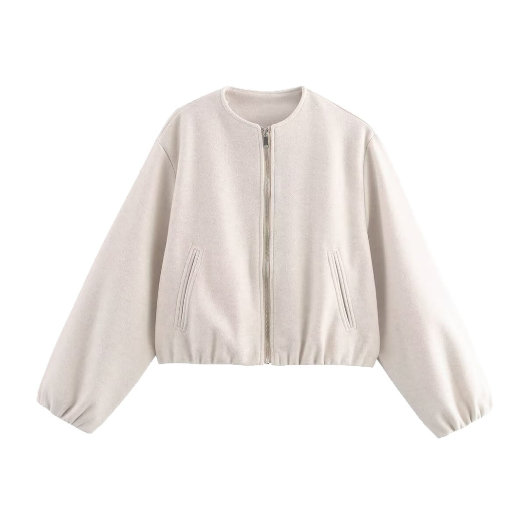 Damen Kurze Cropped-Bomberjacke im Velours-Suede-Look mit Rundhalsausschnitt, Reißverschluss und Ballonärmeln Nord Taschen