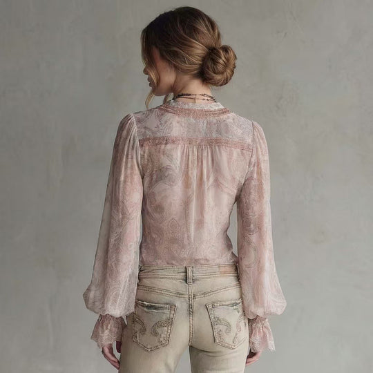 Damen transparente Bluse mit voluminösen Ärmeln und modernem Muster