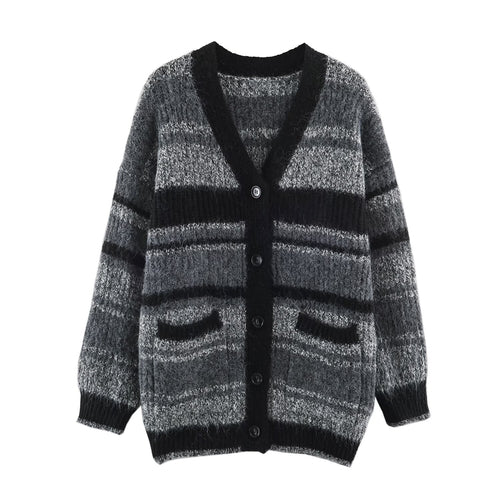 Damen Oversize Strickcardigan mit V-Ausschnitt, Streifenmuster und aufgesetzten Taschen Nord Taschen