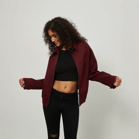 Damen Boxy Overshirt-Jacke mit Metallreißverschluss und Hemdkragen Nord Taschen
