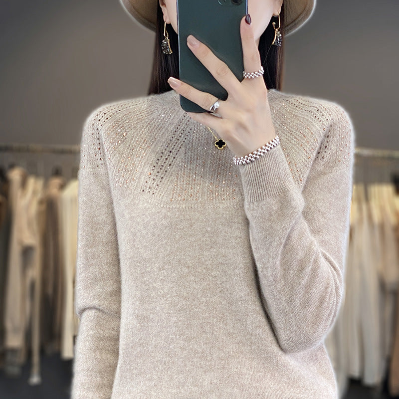 Damen Weicher Kaschmir‑Optik Feinstrickpullover mit Ajour‑Yoke und Paillettenbesatz Nord Taschen