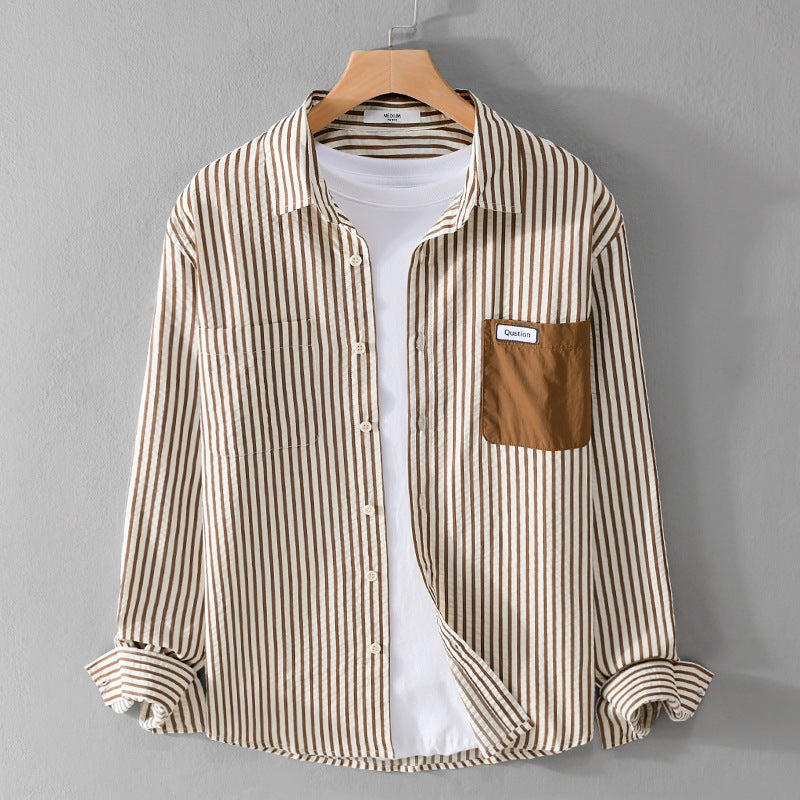 Herren Gestreiftes Langarm-Overshirt aus Baumwollmix mit kontrastierter Brusttasche Nord Taschen