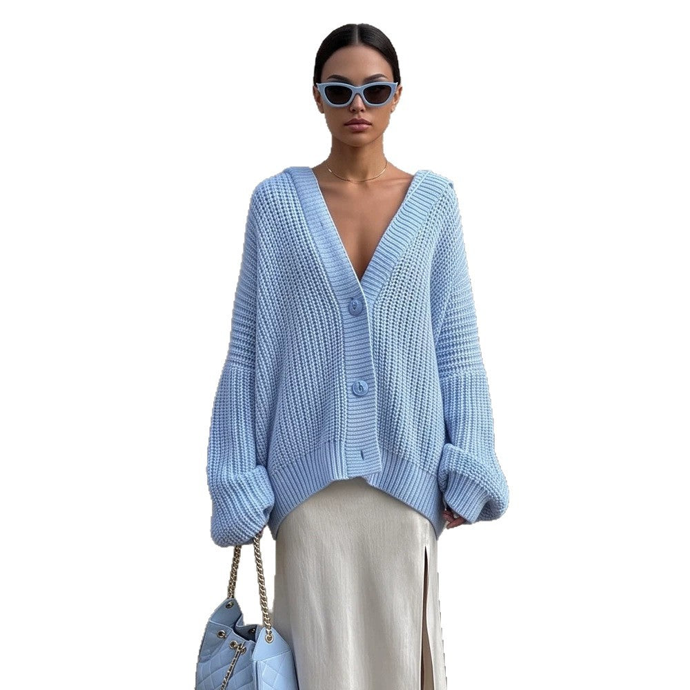 Damen Oversized Kapuzen-Strickcardigan mit Ballonärmeln und Knopfleiste Nord Taschen