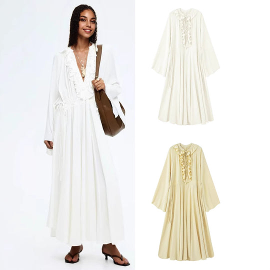 Damen Maxikleid mit Volants, Bindekragen und weitem Glockenärmel Nord Taschen