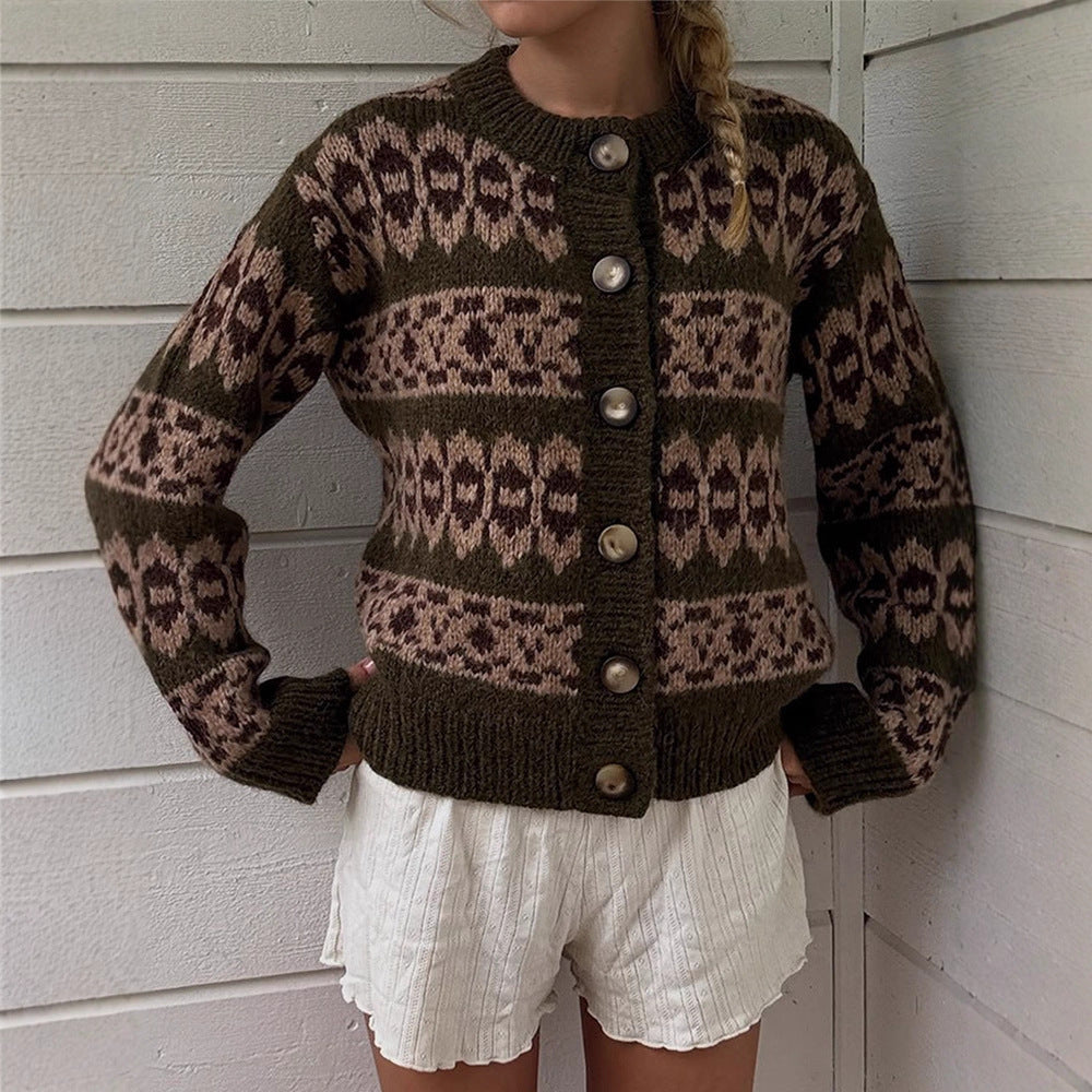Damen Norwegermuster-Strickjacke mit Knopfleiste und geripptem Saum Nord Taschen