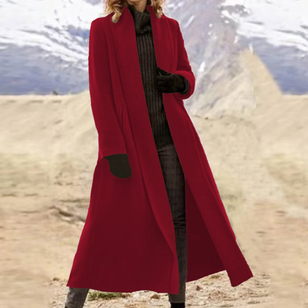 Damen eleganter langer Wollmix-Mantel mit offenem Fall und seitlichen Eingrifftaschen Nord Taschen