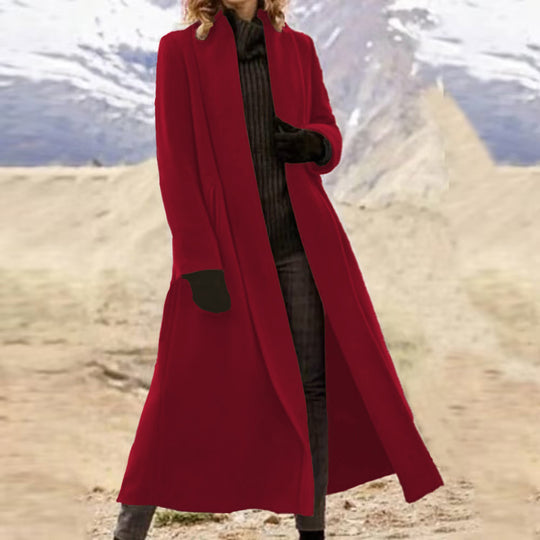 Damen eleganter langer Wollmix-Mantel mit offenem Fall und seitlichen Eingrifftaschen Nord Taschen