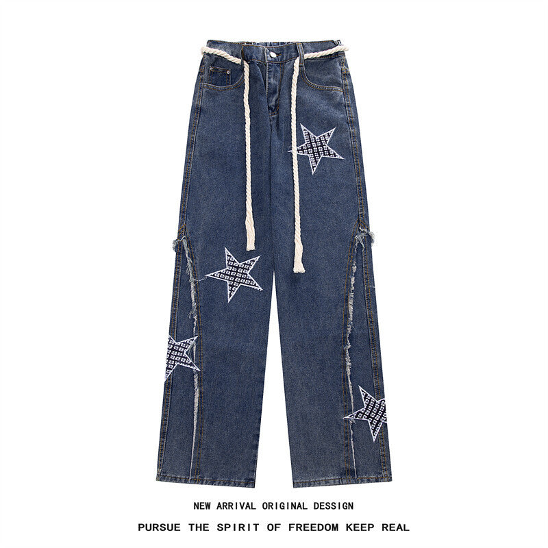 Damen Weite High‑Waist Denimhose mit Stern‑Applikationen, Fransen‑Seitenschlitzen und Kordelbund Nord Taschen