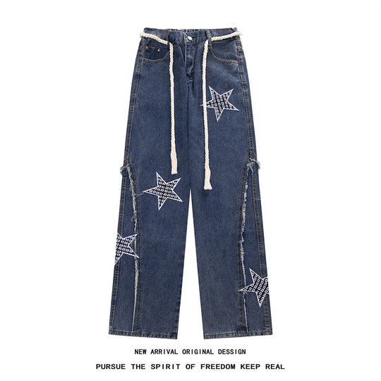 Damen Weite High‑Waist Denimhose mit Stern‑Applikationen, Fransen‑Seitenschlitzen und Kordelbund Nord Taschen