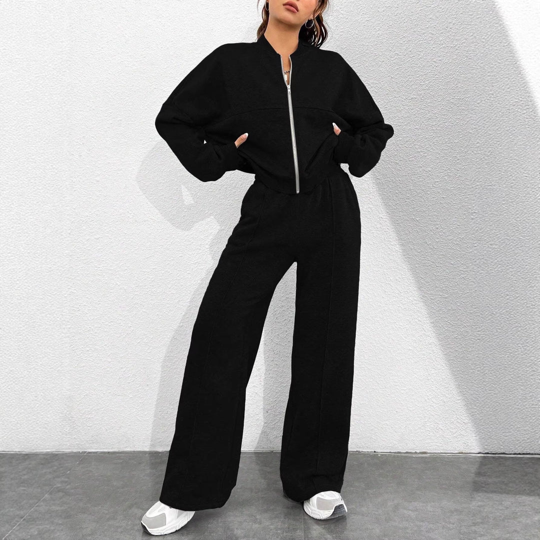 Damen kurze Sweatjacke mit Reißverschluss und High-Waist weitem Jogginghosen-Set Nord Taschen