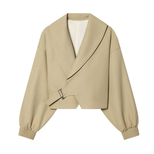 Damen Cropped-Wickeljacke mit großem Schalkragen, Gürtel und Ballonärmeln Nord Taschen