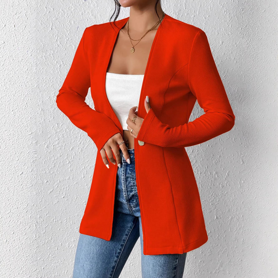 Damen Taillierter Longblazer mit V-Ausschnitt und Ein-Knopf-Verschluss Nord Taschen