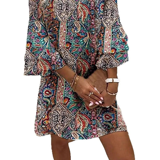 Damen nan Boho-Paisley-Tunikakleid mit V-Ausschnitt und dreiviertel Glockenärmeln