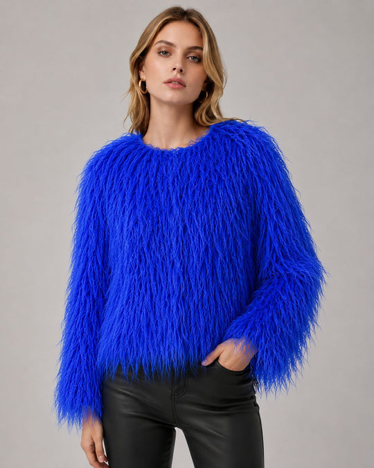 Damen Kurz geschnittene Shaggy‑Kunstpelzjacke mit rundem Ausschnitt, extraweichem Langhaar und legerer Passform Nord Taschen