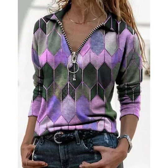 Damen Zip-Pullover mit Polokragen, grafischem Rautenprint und schmaler Passform Nord Taschen
